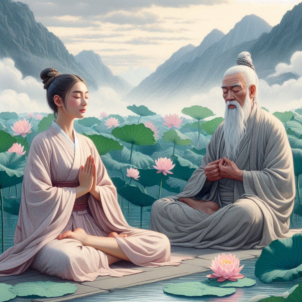 A stoic sage and a lady in deep meditation beside a lotus pond